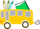 Dessin d'un bus jaune transportant des crayons de couleur et un cahier